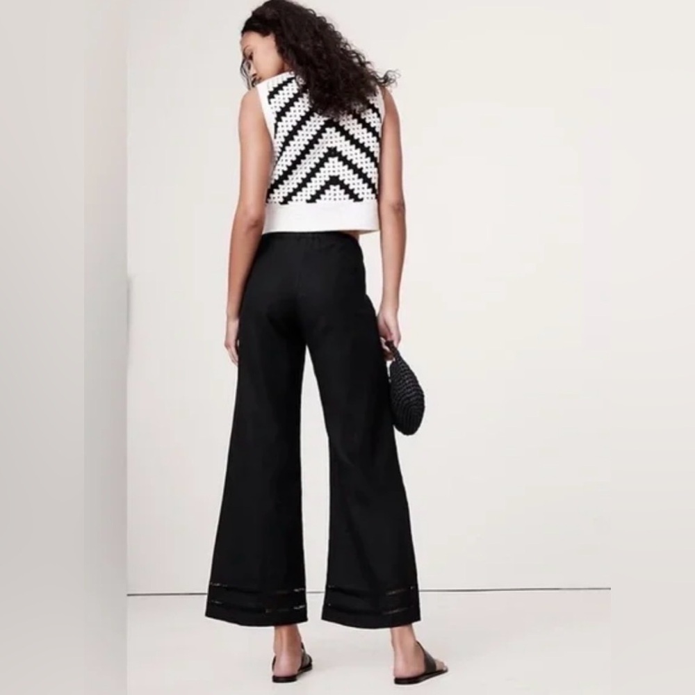 NWOT Banana Republic Mid Rise Kick Flare Lace Trim Linen Black Pant Sz 10/P - Picture 3 of 6